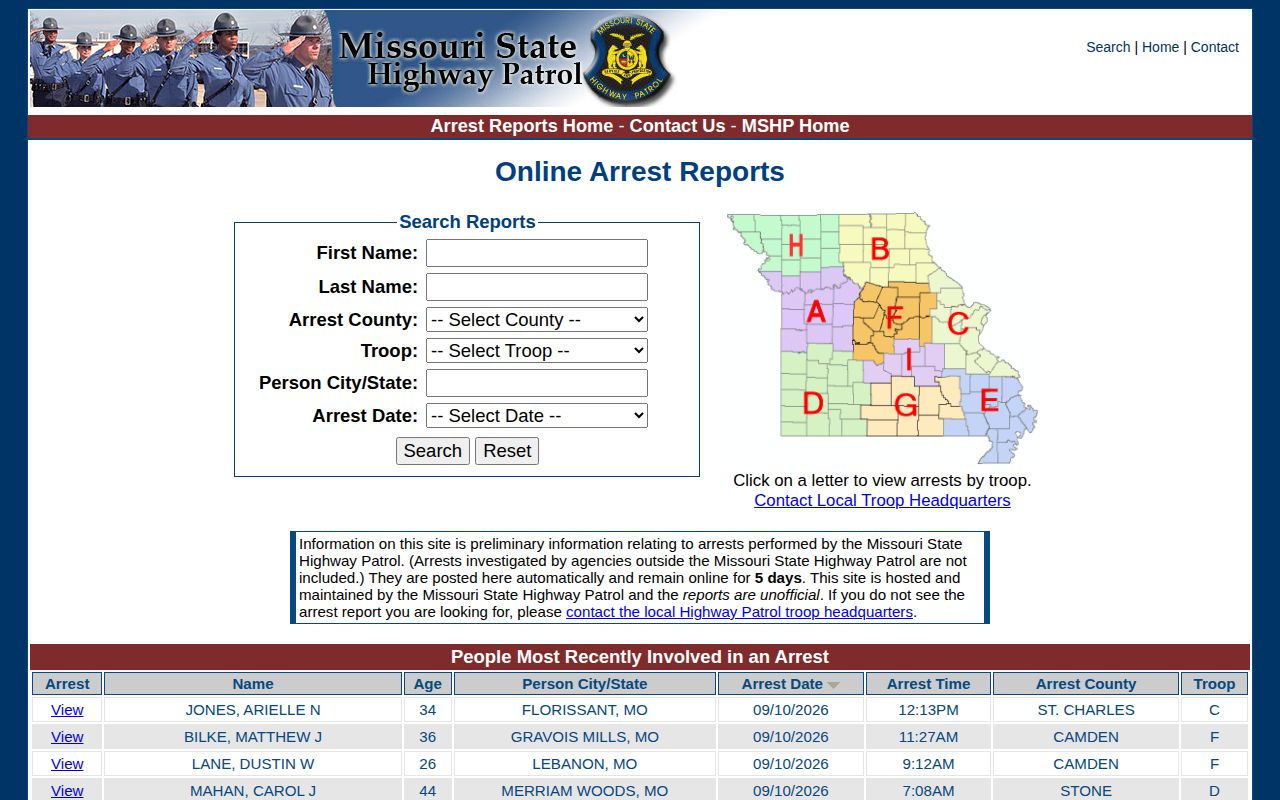 Missouri Highway Patrol recent Clark County arrest search form