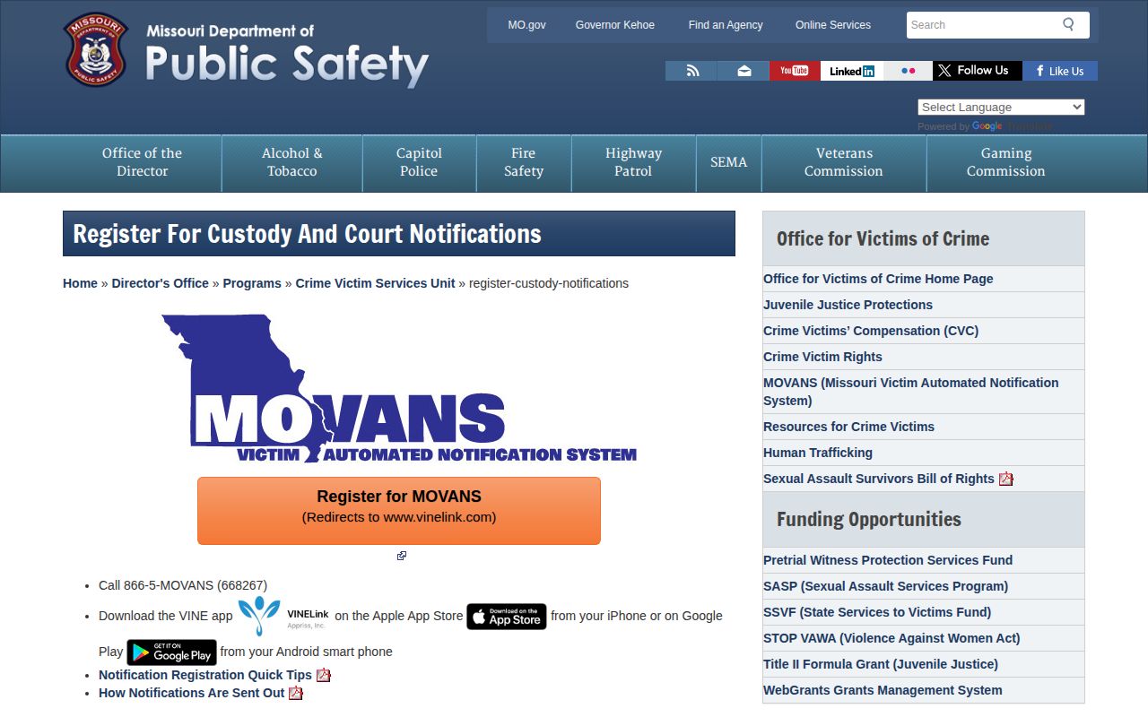 Missouri MOVANS Clark County VINELink custody notification page