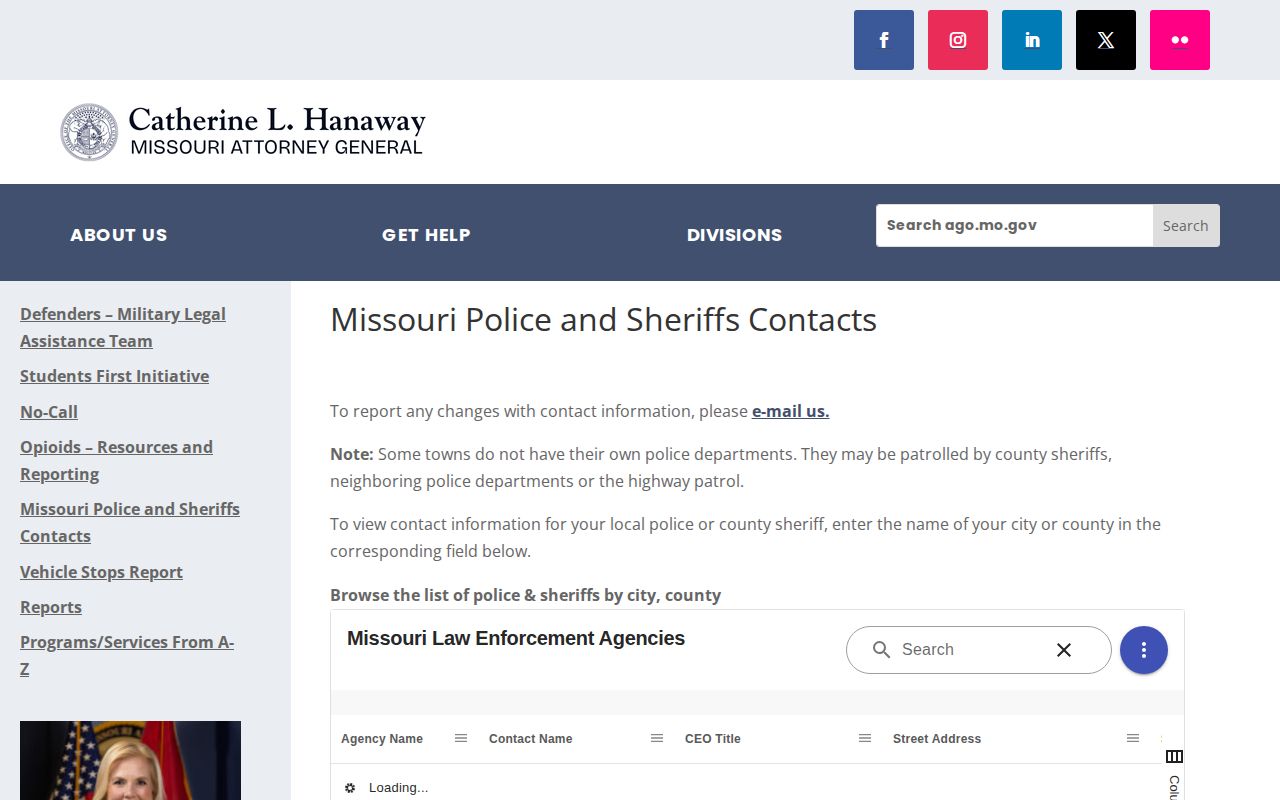 Missouri directory source confirming Clark Police Department for Clark arrest records