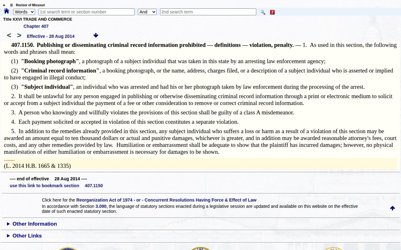 Official Missouri statute addressing paid removal of booking information